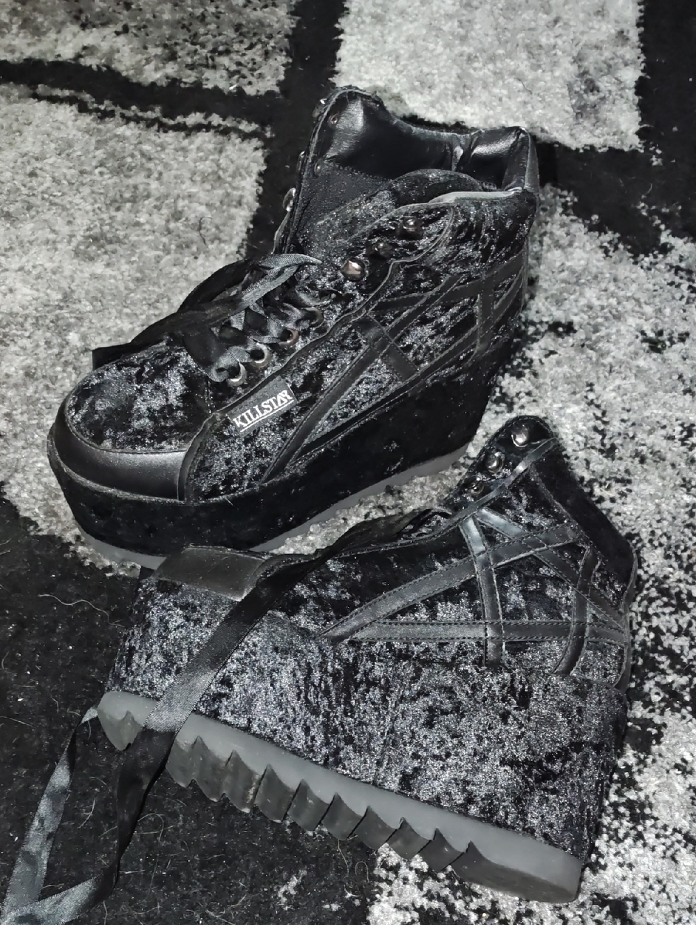 Killstar Black Crushed Velvet Platform Sneakers with Ribbon Laces